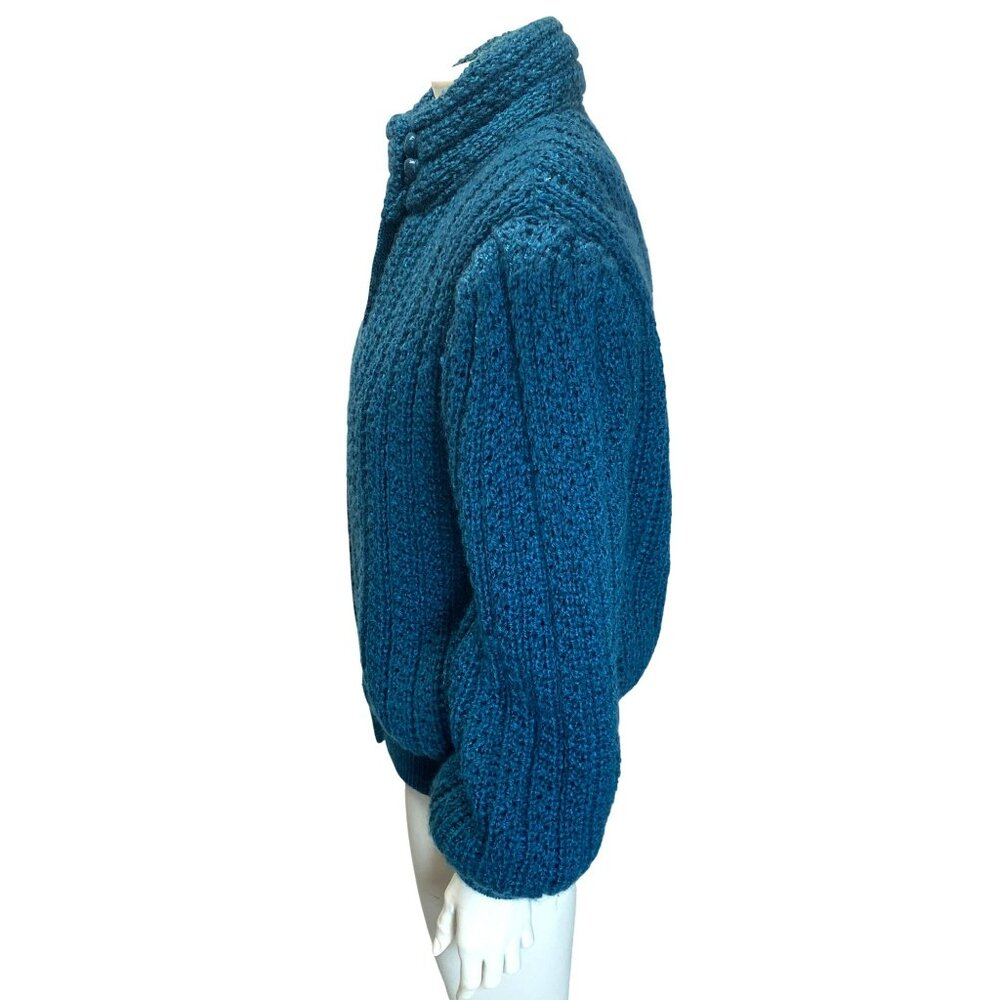 Vintage 70's Retro Knit Jacket Puff Sleeves Mock Neck Scoop Teal Blue Large - Picture 4 of 8